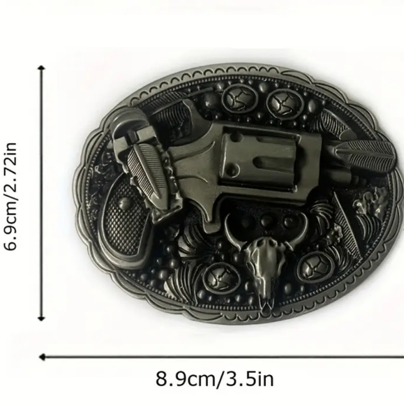 Western faux revolver pistol theme feathers Longhorn bull belt buckle - Picture 1 of 4